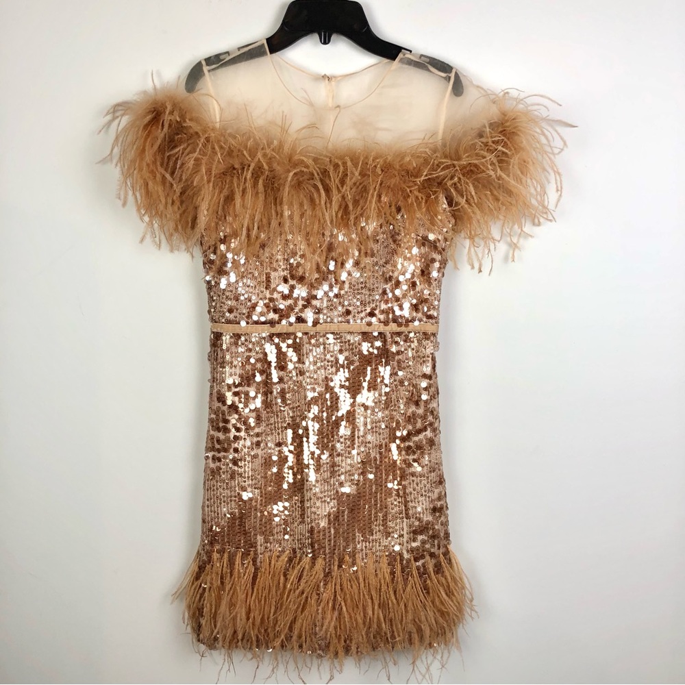 Antonio Melani x Nicola Bathie Rose Gold Sequin Feather Emelia Dress Sz2 NEW